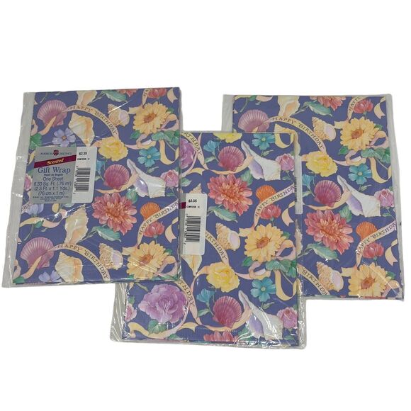 American Greetings Vintage Happy Birthday Floral Shell Beach Gift Wrap Lot of 3 - Picture 1 of 3
